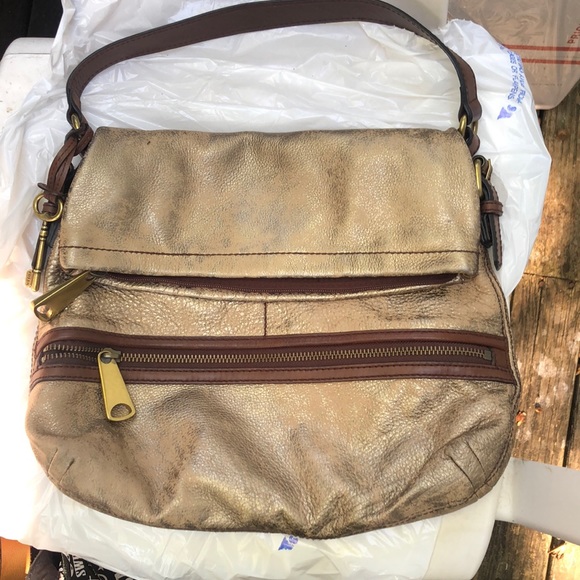 FOSSIL LEATHER LARGE BOHO SHOULDER BAG, distressed bronze, zippers - Picture 2 of 12
